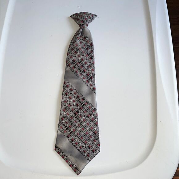 Groovy Vtg 70s gray & red striped polyester clip on tie - Picture 1 of 7